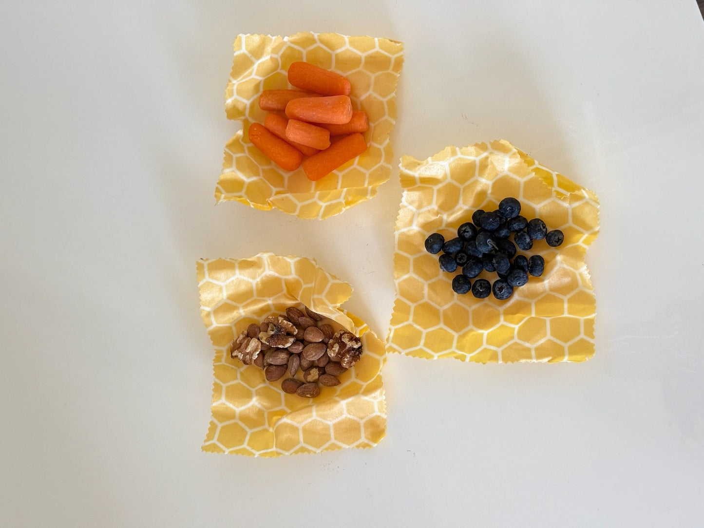 Sustain-a-Bee reusable Beeswax food wrap - "Bee Hive" pattern (Pack of Three -Small 5.5"X7")