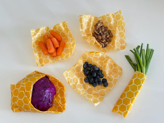 Sustain-a-Bee reusable Beeswax food wrap - "Bee Hive" pattern (Pack of Three -Small 5.5"X7")